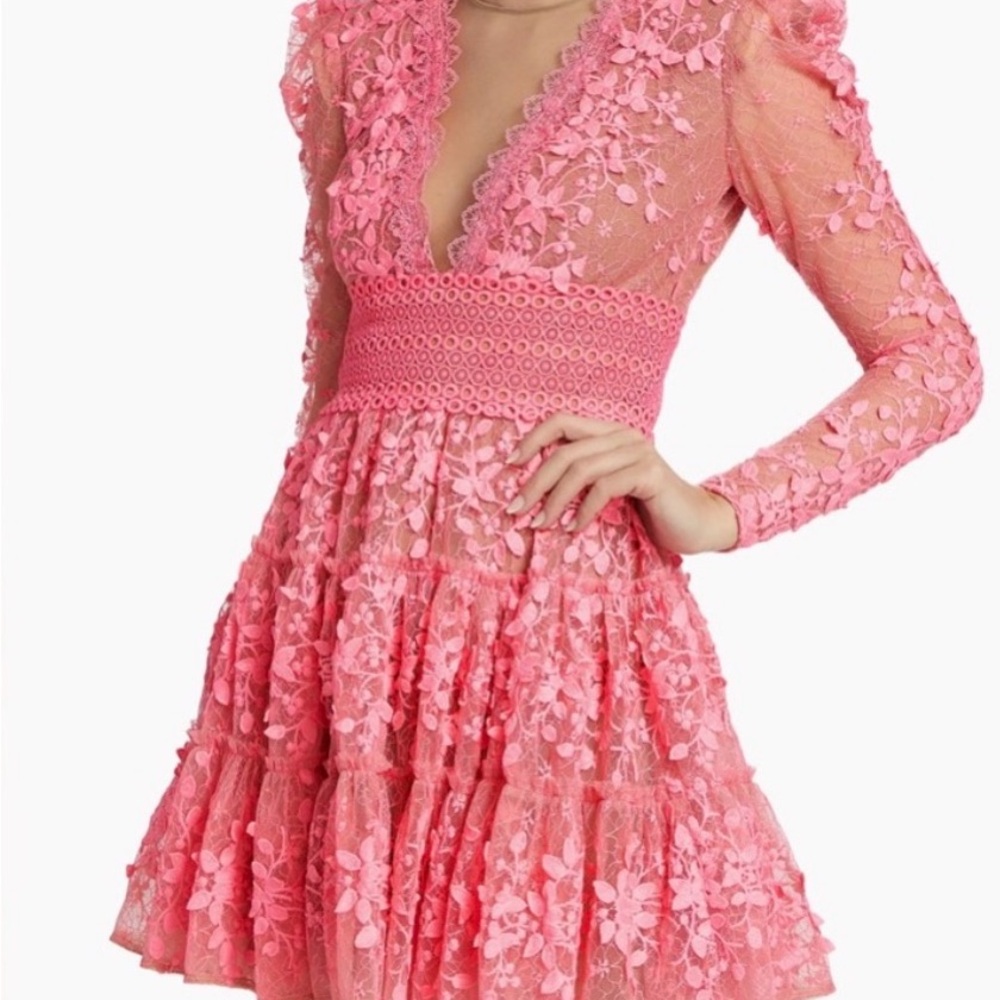 Bronx and Banco Pink Floral Lace Long Sleeve V-Neck Dress